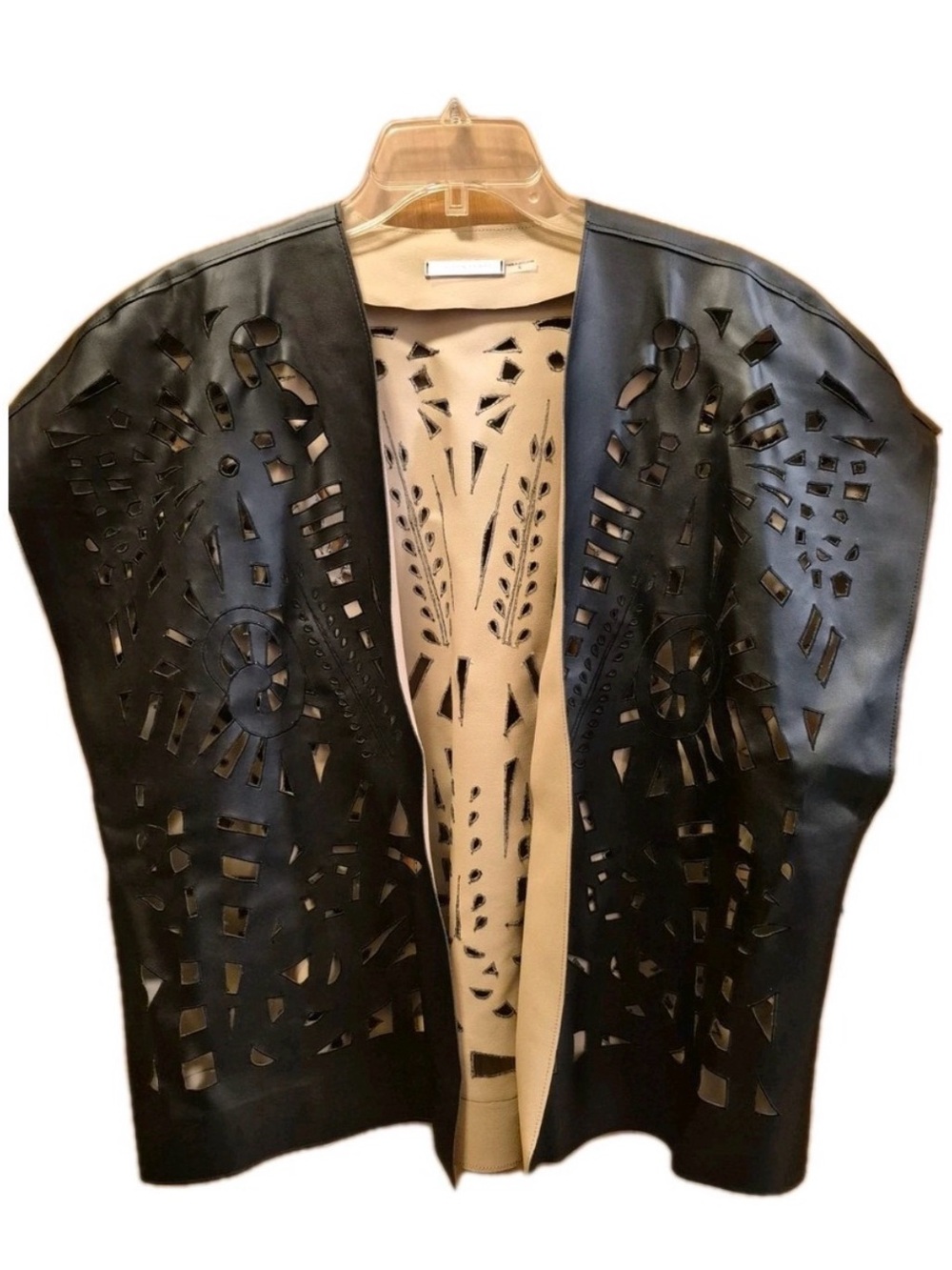 Natori Black Laser-Cut Faux Leather Open Front Vest with Beige Lining